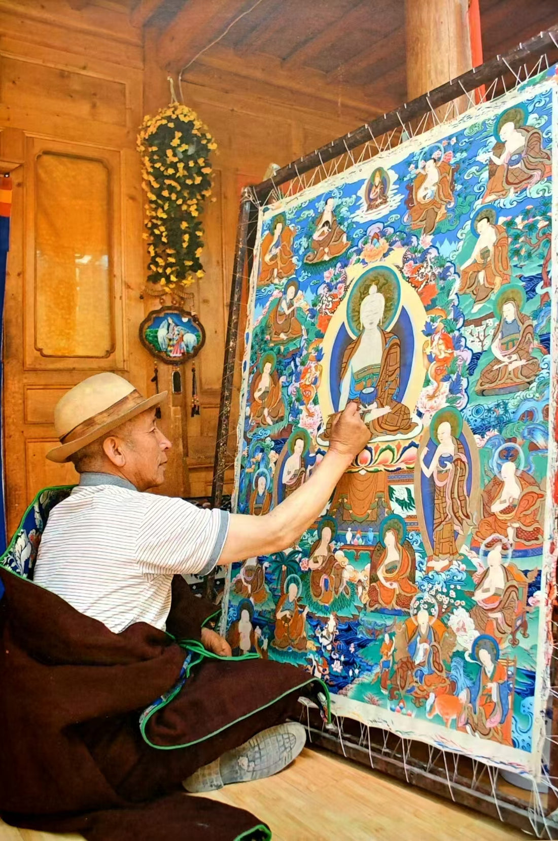 Master Thangka Painter Creating Giant Tibetan Thangka - Expert Artisan at Work